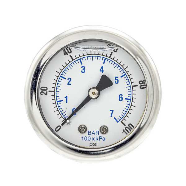 Pressure Gauge, 0 to 100 psi, 1/4 in MNPT, Stainless Steel, Silver