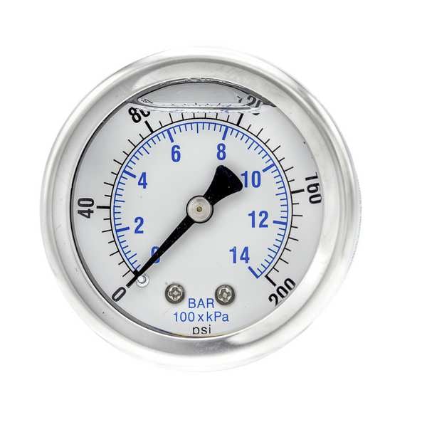 Pressure Gauge, 0 to 200 psi, 1/4 in MNPT, Stainless Steel, Silver
