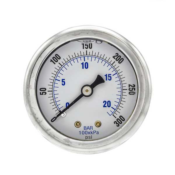 Pressure Gauge, 0 to 300 psi, 1/4 in MNPT, Stainless Steel, Silver