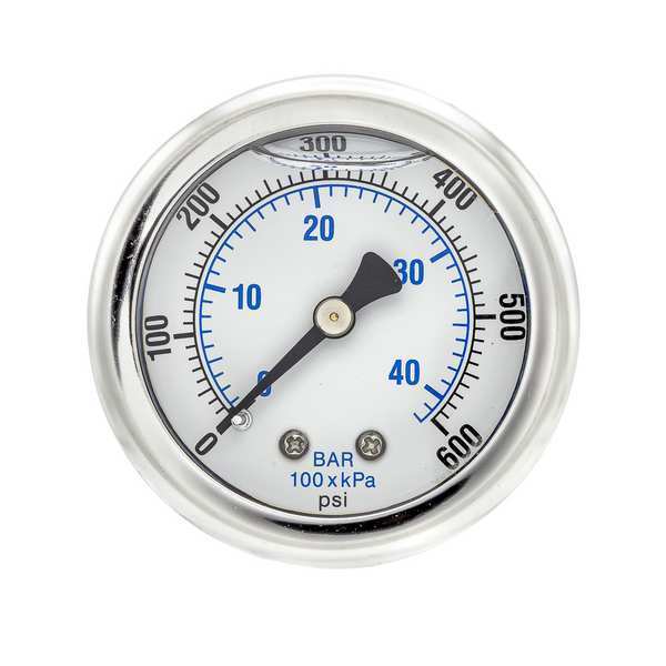 Pressure Gauge, 0 to 600 psi, 1/4 in MNPT, Stainless Steel, Silver