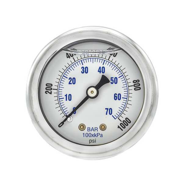 Pressure Gauge, 0 to 1000 psi, 1/4 in MNPT, Stainless Steel, Silver