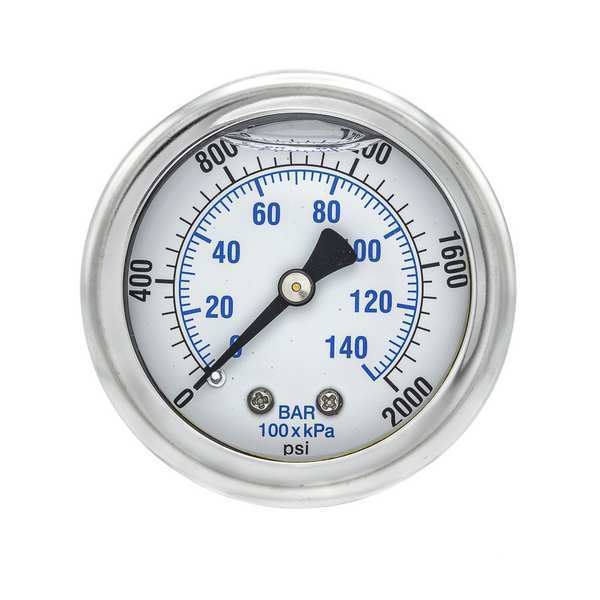 Pressure Gauge, 0 to 2000 psi, 1/4 in MNPT, Stainless Steel, Silver