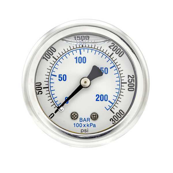 Pressure Gauge, 0 to 3000 psi, 1/4 in MNPT, Stainless Steel, Silver