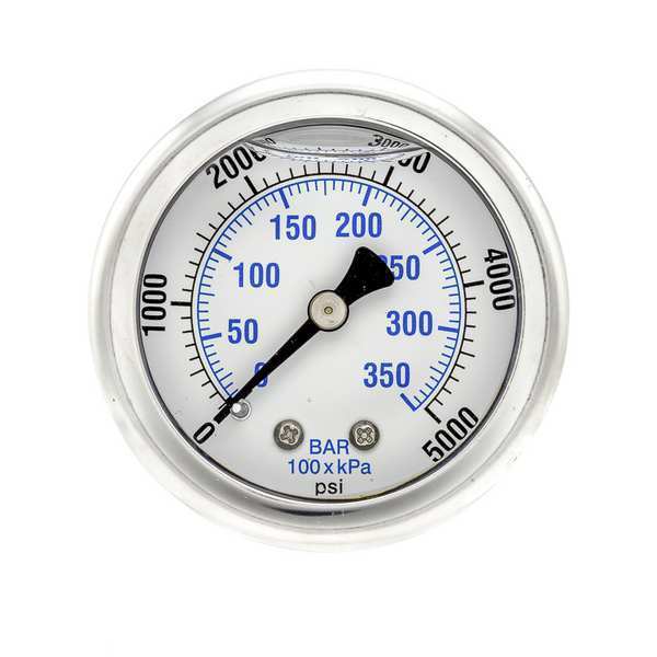 Pressure Gauge, 0 to 5000 psi, 1/4 in MNPT, Stainless Steel, Silver