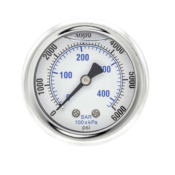 Pressure Gauge, 0 to 6000 psi, 1/4 in MNPT, Stainless Steel, Silver
