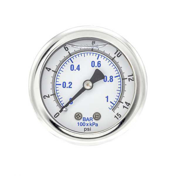 Pressure Gauge, 0 to 15 psi, 1/8 in MNPT, Stainless Steel, Silver