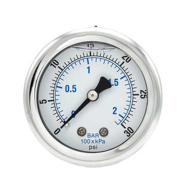 Pressure Gauge, 0 to 30 psi, 1/8 in MNPT, Stainless Steel, Silver