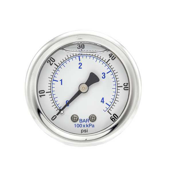 Pressure Gauge, 0 to 60 psi, 1/8 in MNPT, Stainless Steel, Silver