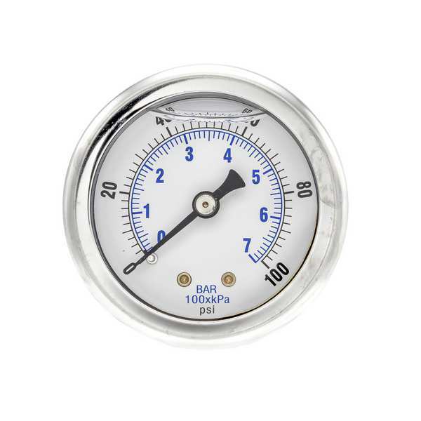 Pressure Gauge, 0 to 100 psi, 1/8 in MNPT, Stainless Steel, Silver