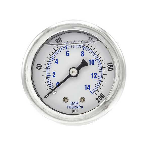 Pressure Gauge, 0 to 200 psi, 1/8 in MNPT, Stainless Steel, Silver