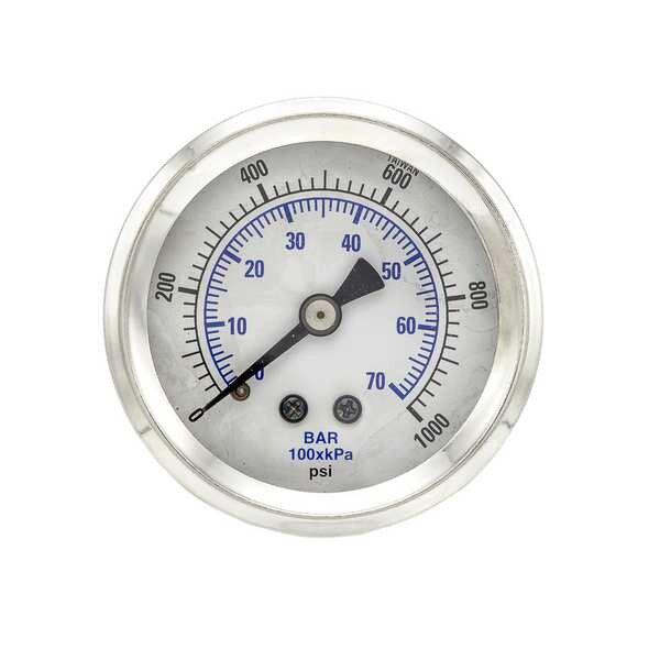 Pressure Gauge, 0 to 1000 psi, 1/8 in MNPT, Stainless Steel, Silver