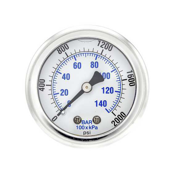 Pressure Gauge, 0 to 2000 psi, 1/8 in MNPT, Stainless Steel, Silver