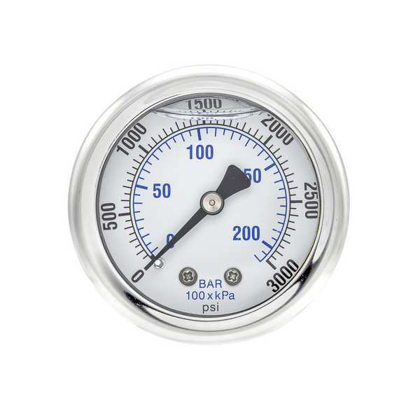 Pressure Gauge, 0 to 3000 psi, 1/8 in MNPT, Stainless Steel, Silver