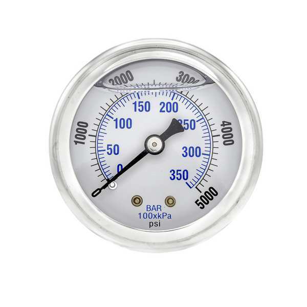 Pressure Gauge, 0 to 5000 psi, 1/8 in MNPT, Stainless Steel, Silver