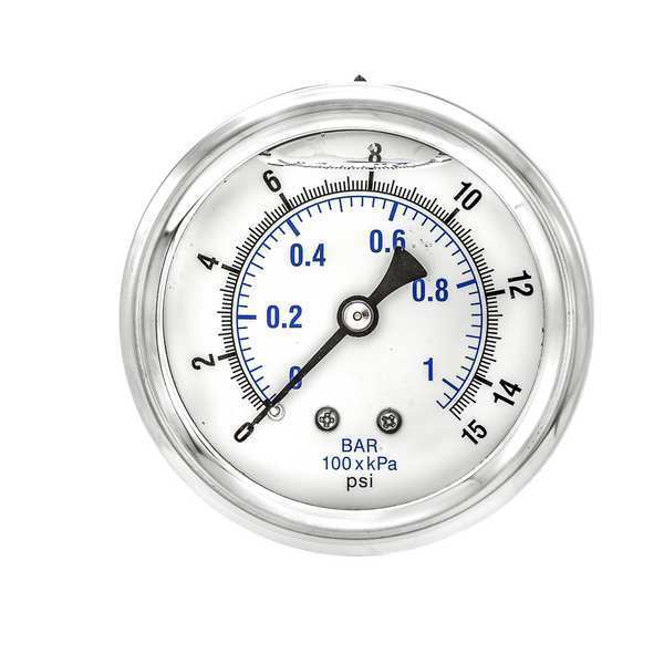 Pressure Gauge, 0 to 15 psi, 1/4 in MNPT, Stainless Steel, Silver