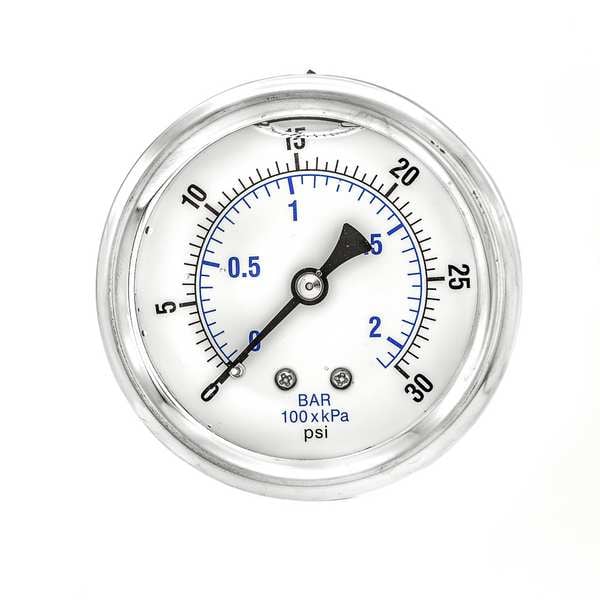 Pressure Gauge, 0 to 30 psi, 1/4 in MNPT, Stainless Steel, Silver