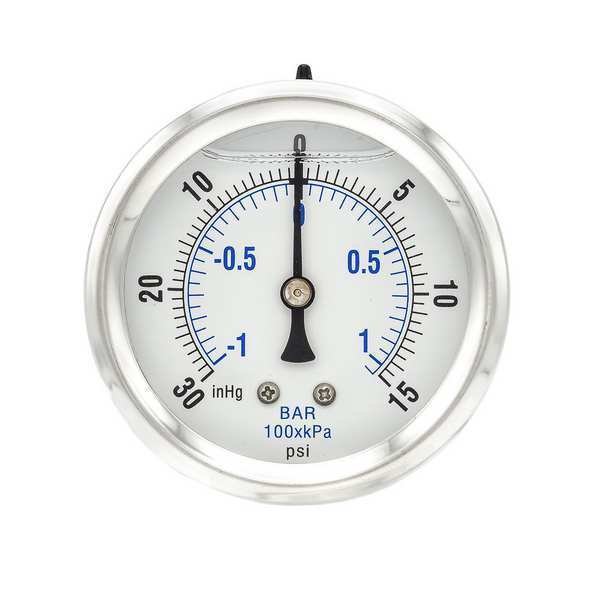Compound Gauge, -30 to 0 to 15 in Hg/psi, 1/4 in MNPT, Stainless Steel, Silver
