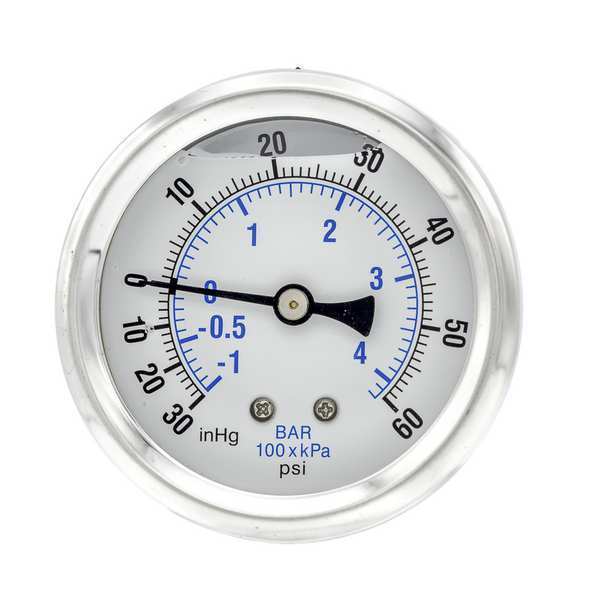 Compound Gauge, -30 to 0 to 60 in Hg/psi, 1/4 in MNPT, Stainless Steel, Silver