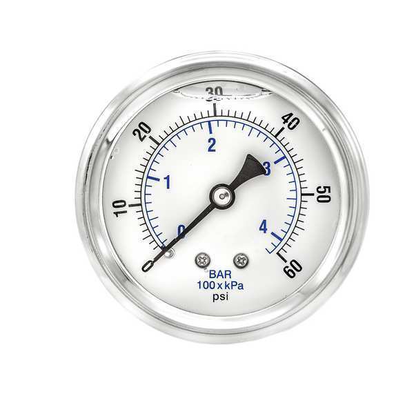 Pressure Gauge, 0 to 60 psi, 1/4 in MNPT, Stainless Steel, Silver