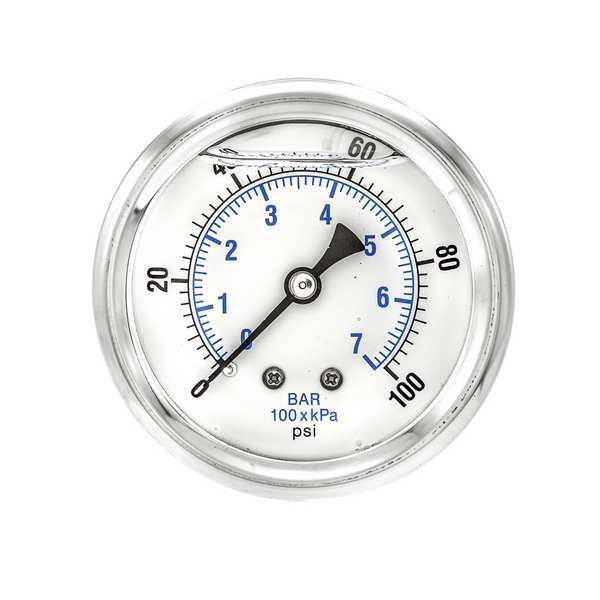 Pressure Gauge, 0 to 100 psi, 1/4 in MNPT, Stainless Steel, Silver