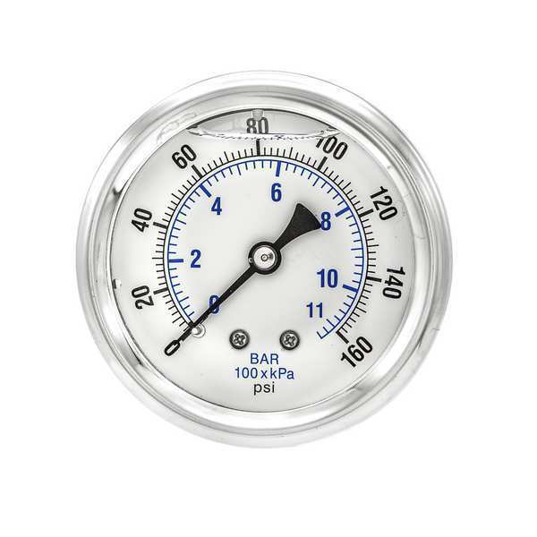 Pressure Gauge, 0 to 160 psi, 1/4 in MNPT, Stainless Steel, Silver