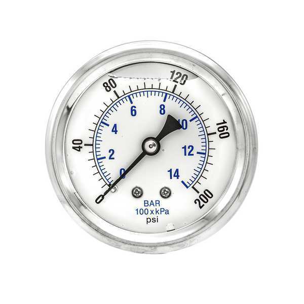 Pressure Gauge, 0 to 200 psi, 1/4 in MNPT, Stainless Steel, Silver