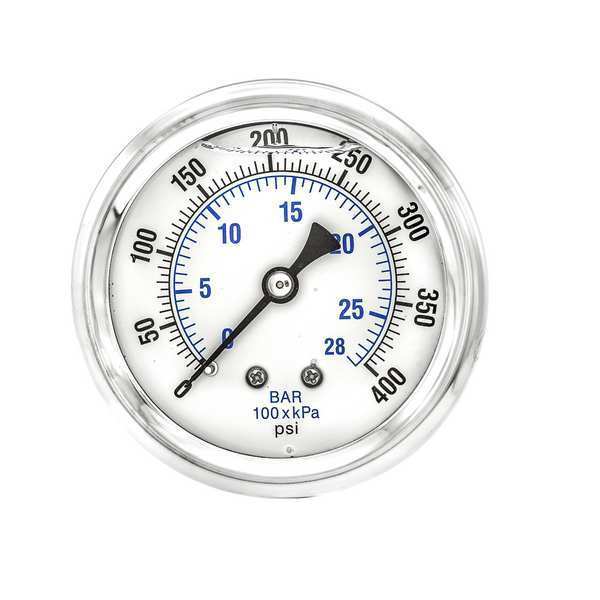 Pressure Gauge, 0 to 400 psi, 1/4 in MNPT, Stainless Steel, Silver