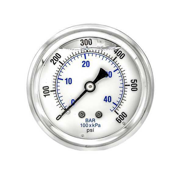 Pressure Gauge, 0 to 600 psi, 1/4 in MNPT, Stainless Steel, Silver