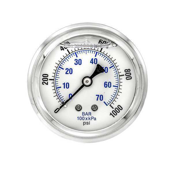 Pressure Gauge, 0 to 1000 psi, 1/4 in MNPT, Stainless Steel, Silver