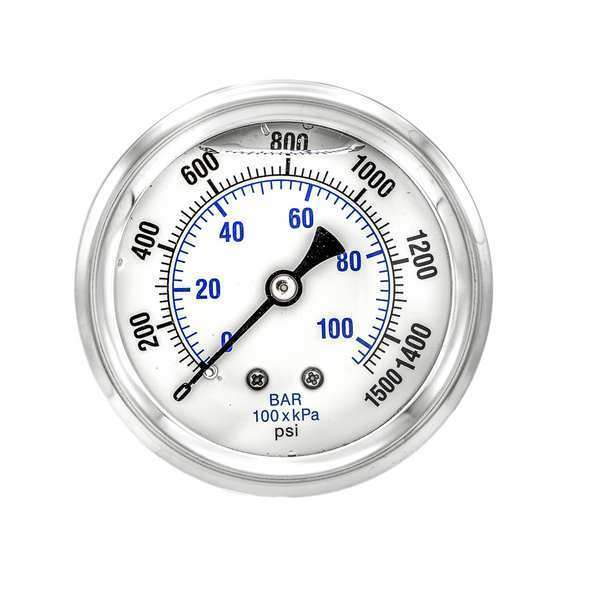 Pressure Gauge, 0 to 1500 psi, 1/4 in MNPT, Stainless Steel, Silver
