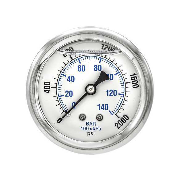 Pressure Gauge, 0 to 2000 psi, 1/4 in MNPT, Stainless Steel, Silver