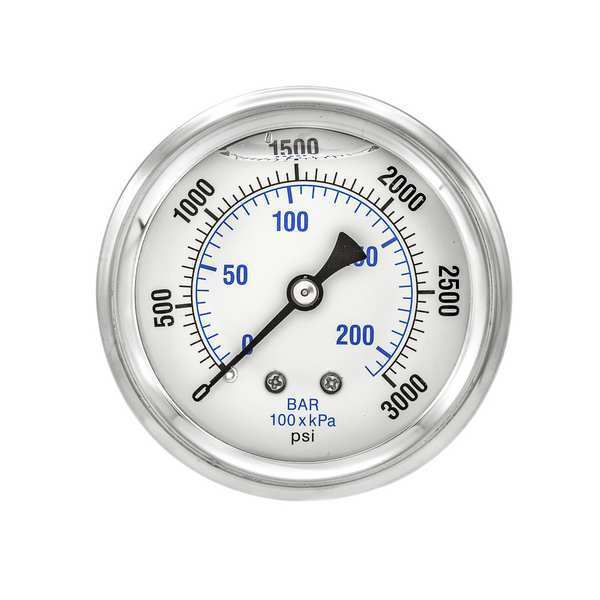 Pressure Gauge, 0 to 3000 psi, 1/4 in MNPT, Stainless Steel, Silver