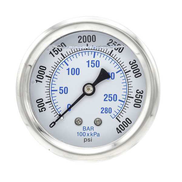 Pressure Gauge, 0 to 4000 psi, 1/4 in MNPT, Stainless Steel, Silver