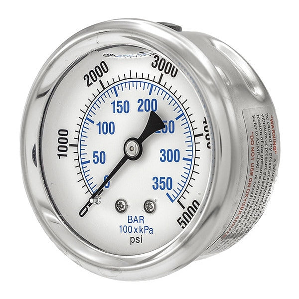 Pressure Gauge, 0 to 5000 psi, 1/4 in MNPT, Stainless Steel, Silver