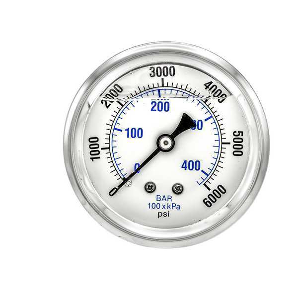 Pressure Gauge, 0 to 6000 psi, 1/4 in MNPT, Stainless Steel, Silver