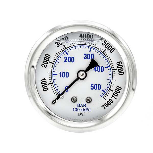 Pressure Gauge, 0 to 7500 psi, 1/4 in MNPT, Stainless Steel, Silver