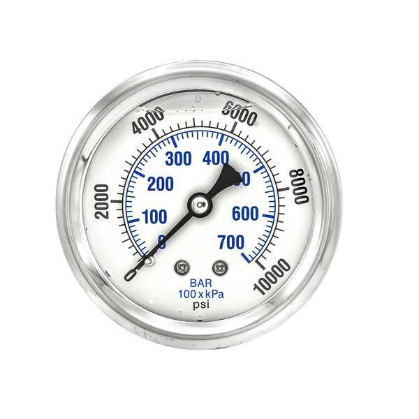 Pressure Gauge, 0 to 10,000 psi, 1/4 in MNPT, Stainless Steel, Silver