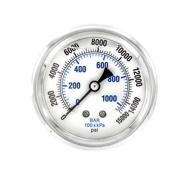 Pressure Gauge, 0 to 15,000 psi, 1/4 in MNPT, Stainless Steel, Silver