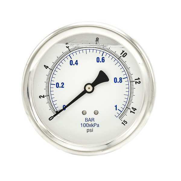 Pressure Gauge, 0 to 15 psi, 1/4 in MNPT, Stainless Steel, Silver