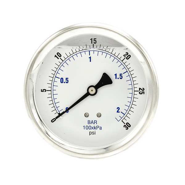 Pressure Gauge, 0 to 30 psi, 1/4 in MNPT, Stainless Steel, Silver