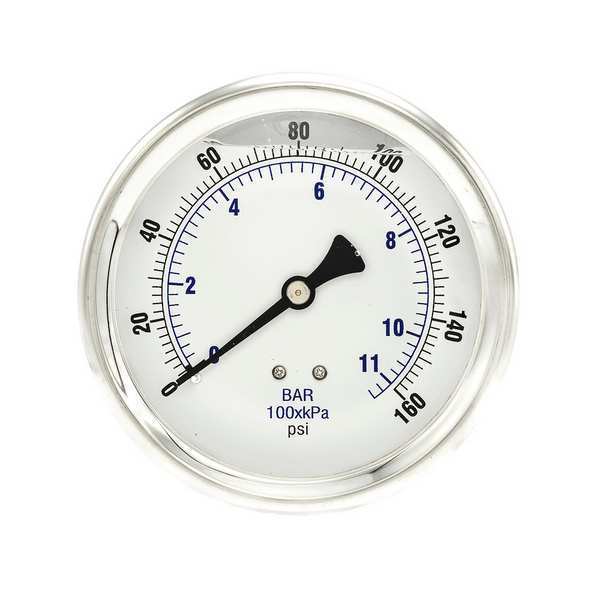 Pressure Gauge, 0 to 160 psi, 1/4 in MNPT, Stainless Steel, Silver