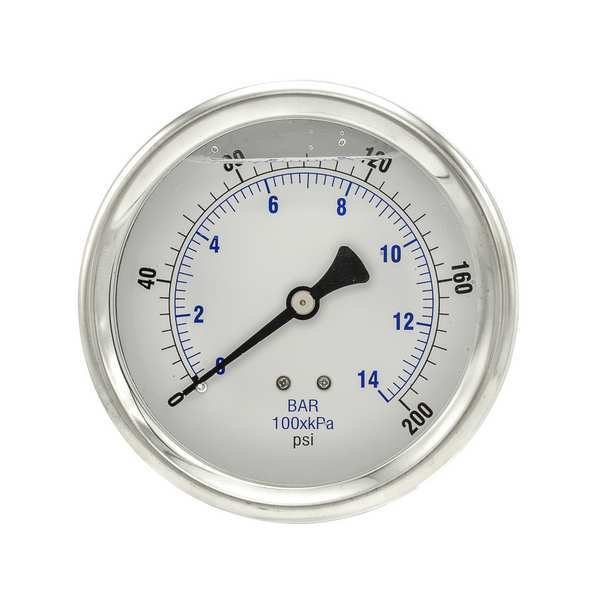 Pressure Gauge, 0 to 200 psi, 1/4 in MNPT, Stainless Steel, Silver
