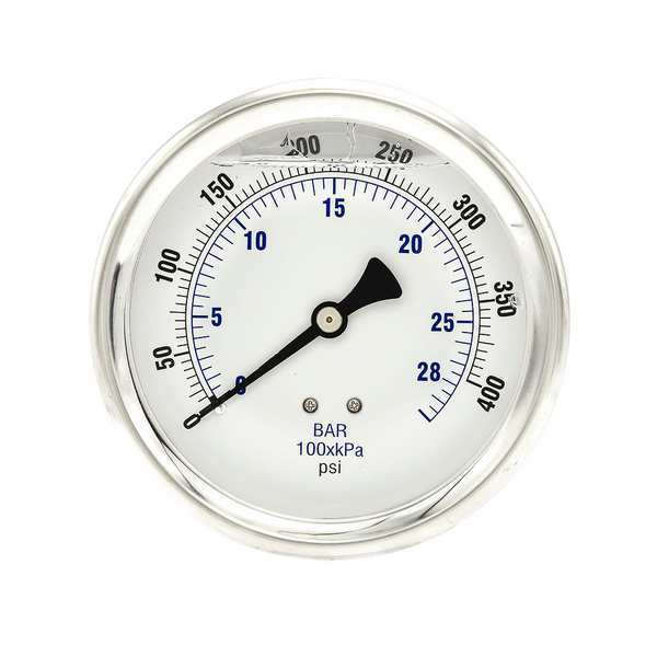 Pressure Gauge, 0 to 400 psi, 1/4 in MNPT, Stainless Steel, Silver