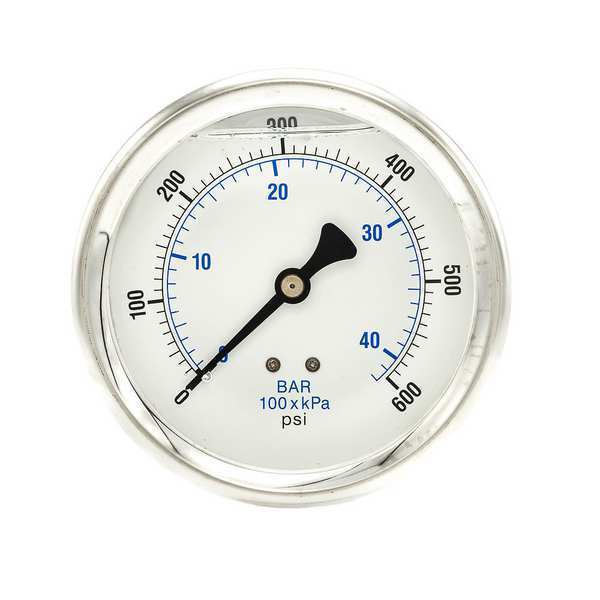 Pressure Gauge, 0 to 600 psi, 1/4 in MNPT, Stainless Steel, Silver
