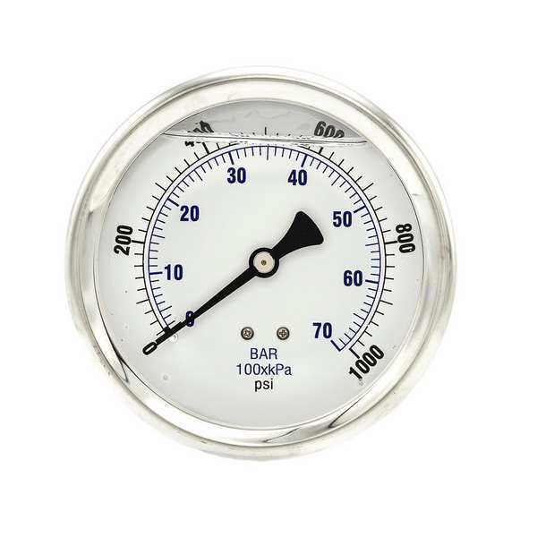 Pressure Gauge, 0 to 1000 psi, 1/4 in MNPT, Stainless Steel, Silver