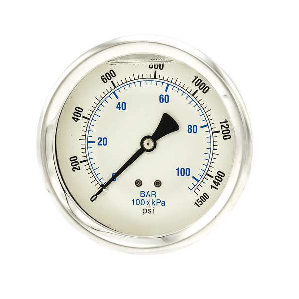 Pressure Gauge, 0 to 1500 psi, 1/4 in MNPT, Stainless Steel, Silver
