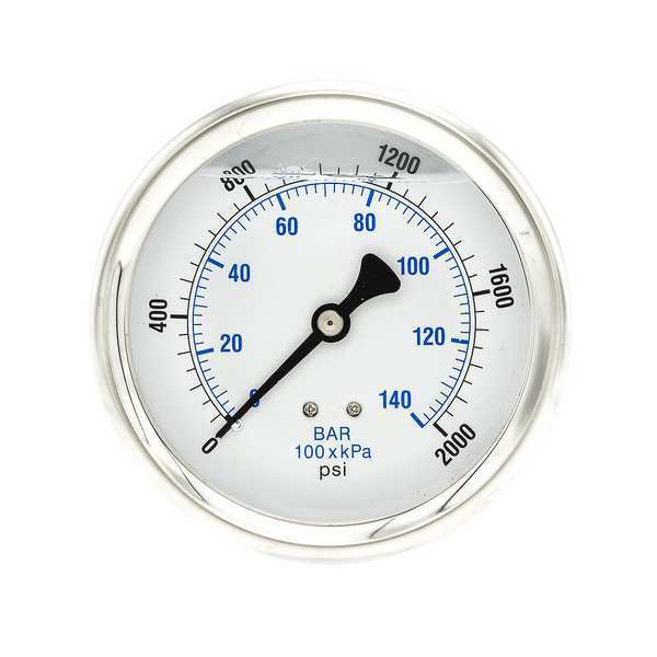 Pressure Gauge, 0 to 2000 psi, 1/4 in MNPT, Stainless Steel, Silver