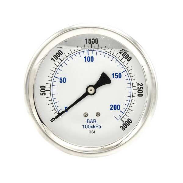 Pressure Gauge, 0 to 3000 psi, 1/4 in MNPT, Stainless Steel, Silver