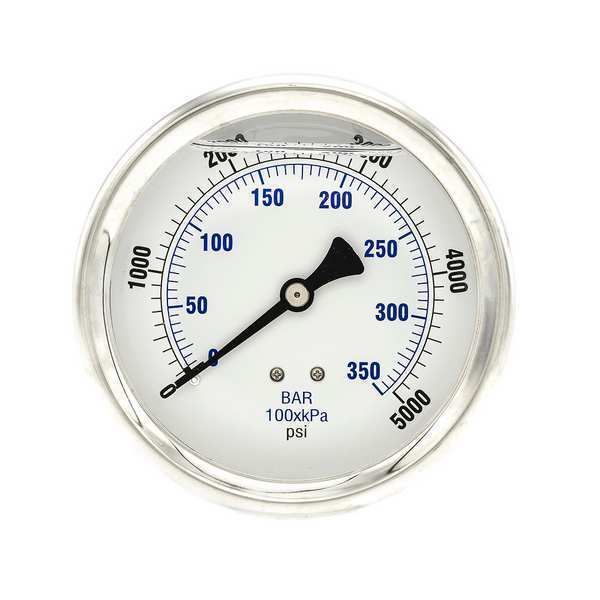 Pressure Gauge, 0 to 5000 psi, 1/4 in MNPT, Stainless Steel, Silver