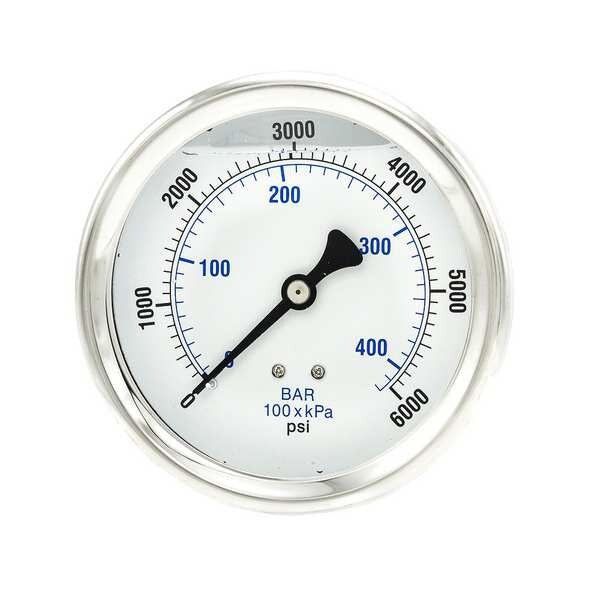Pressure Gauge, 0 to 6000 psi, 1/4 in MNPT, Stainless Steel, Silver